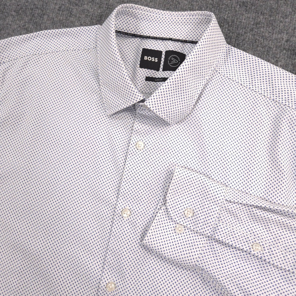 Hugo Boss Performance Dress Shirt Mens XXL White Blue Polka Dot AOP Slim Fit